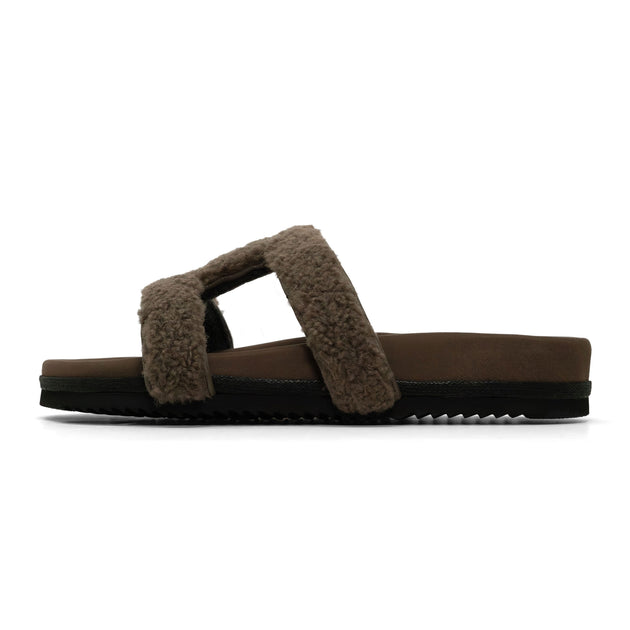 Fuzzy Faux Shearling Slides ROAM FUZZY CUFFS SANDAL TAUPE FAUX