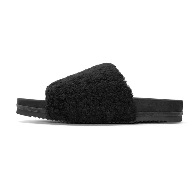 ROAM MEN'S FUZZY SLIDER SLIPPERS BLACK FAUX SHEARLING – R0AM