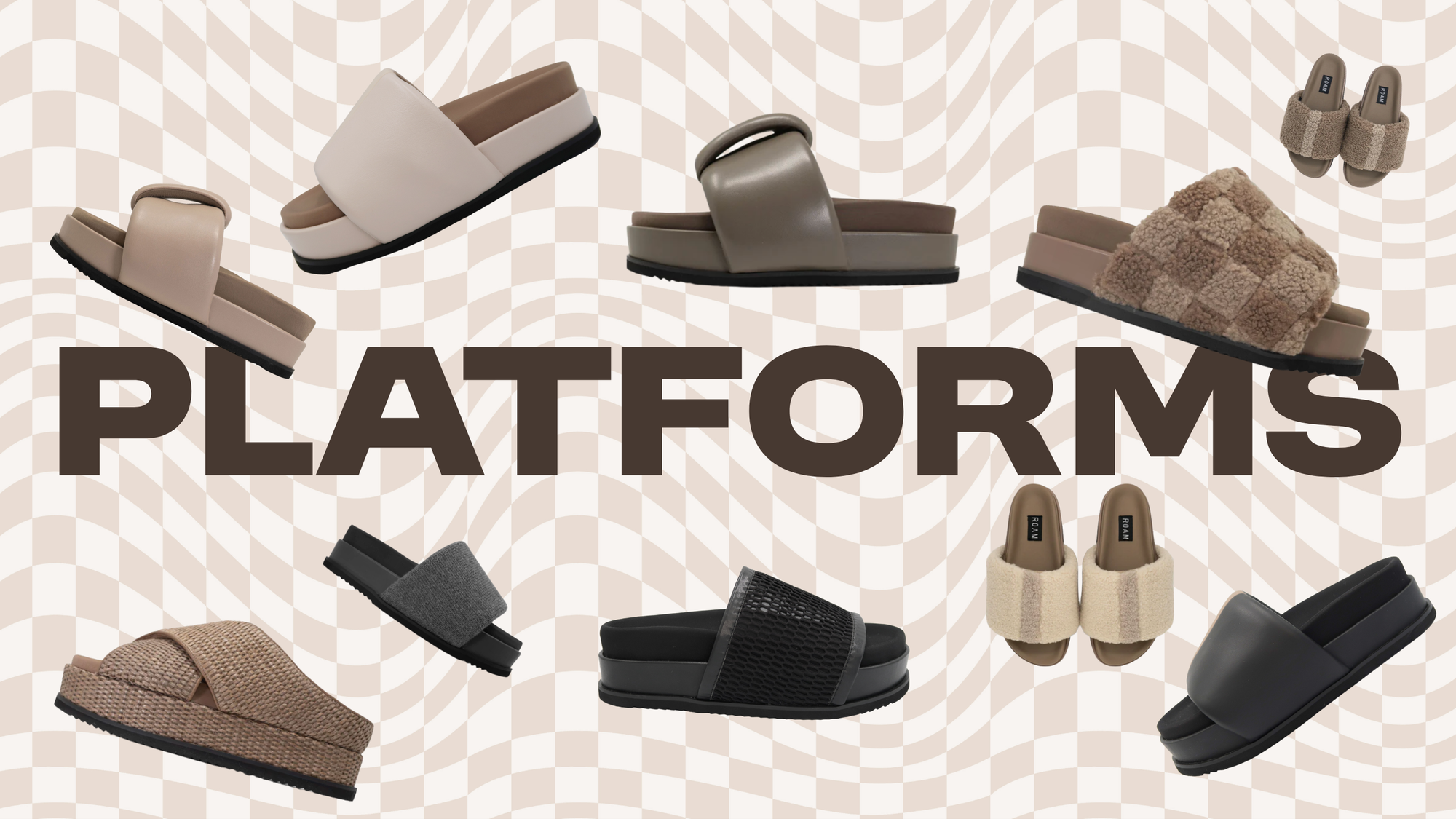 Product photos of platform shoes on a wavy check background. The words “ platforms” displayed in large text across the image. 
