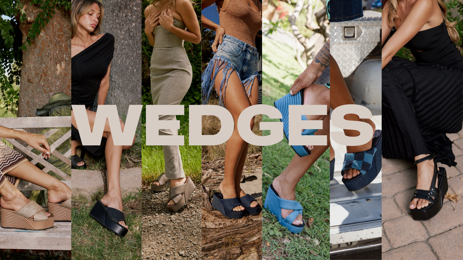 Close up collage of feet wearing wedges.  The word “wedges” is displayed in large text across the image.