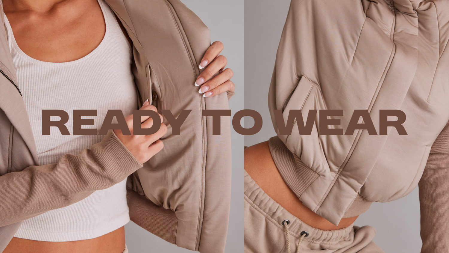 Close-up of hands reaching into inner pocket of jacket. An upclose image of the front of jacket. The word ‘Ready to Wear’ is displayed in large text across the image.