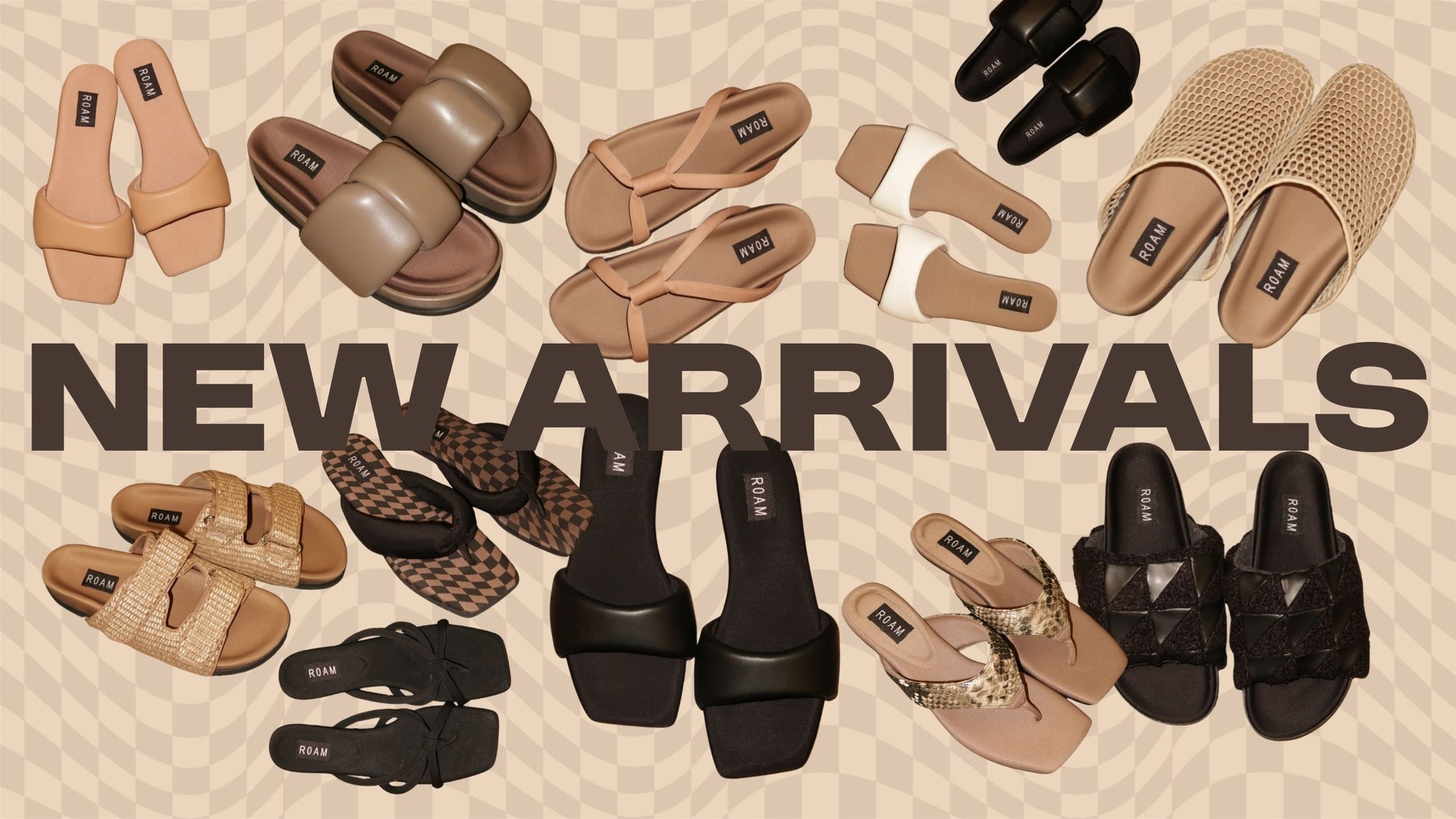 Product photos of shoes on a wavy check background. The words “ new arrivals displayed in large text across the image. 
