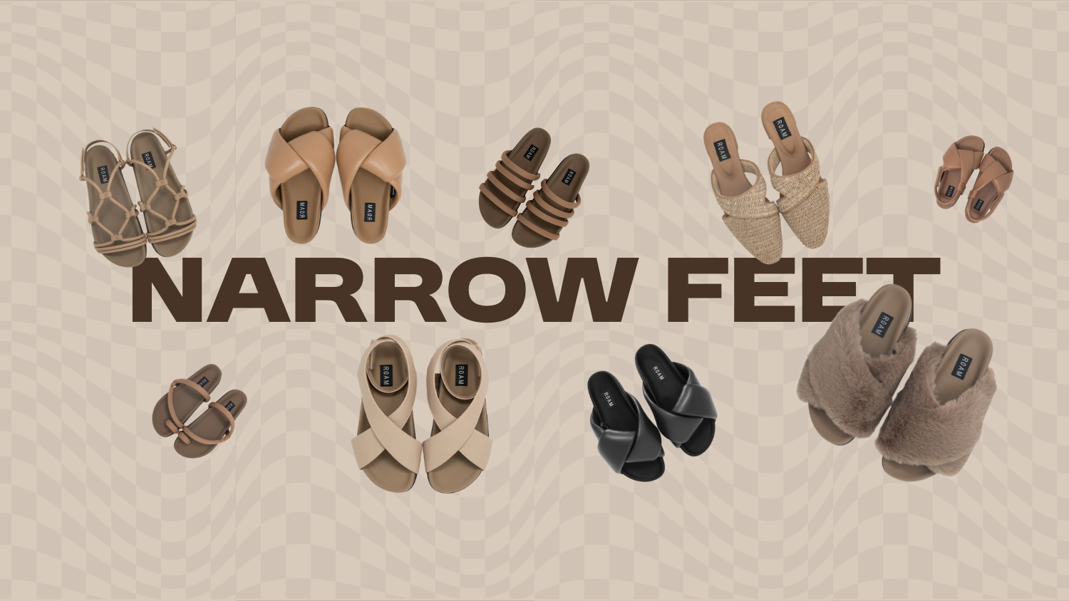 Product photos of shoes. The words “ Narrow Feet” displayed in large text across the image. 