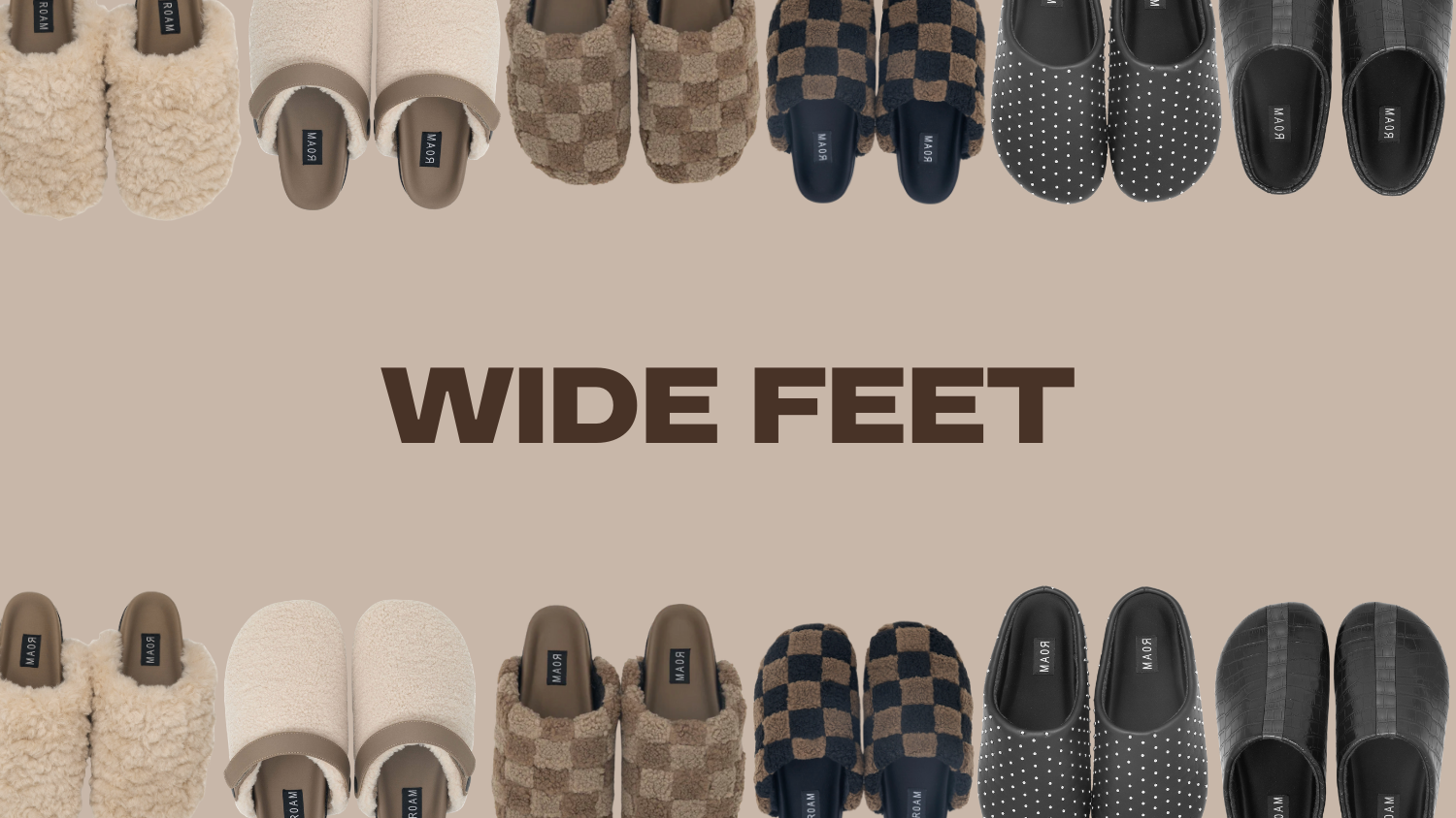 Product photos of clogs. The words “Wide Feet” displayed in large text across the image. 