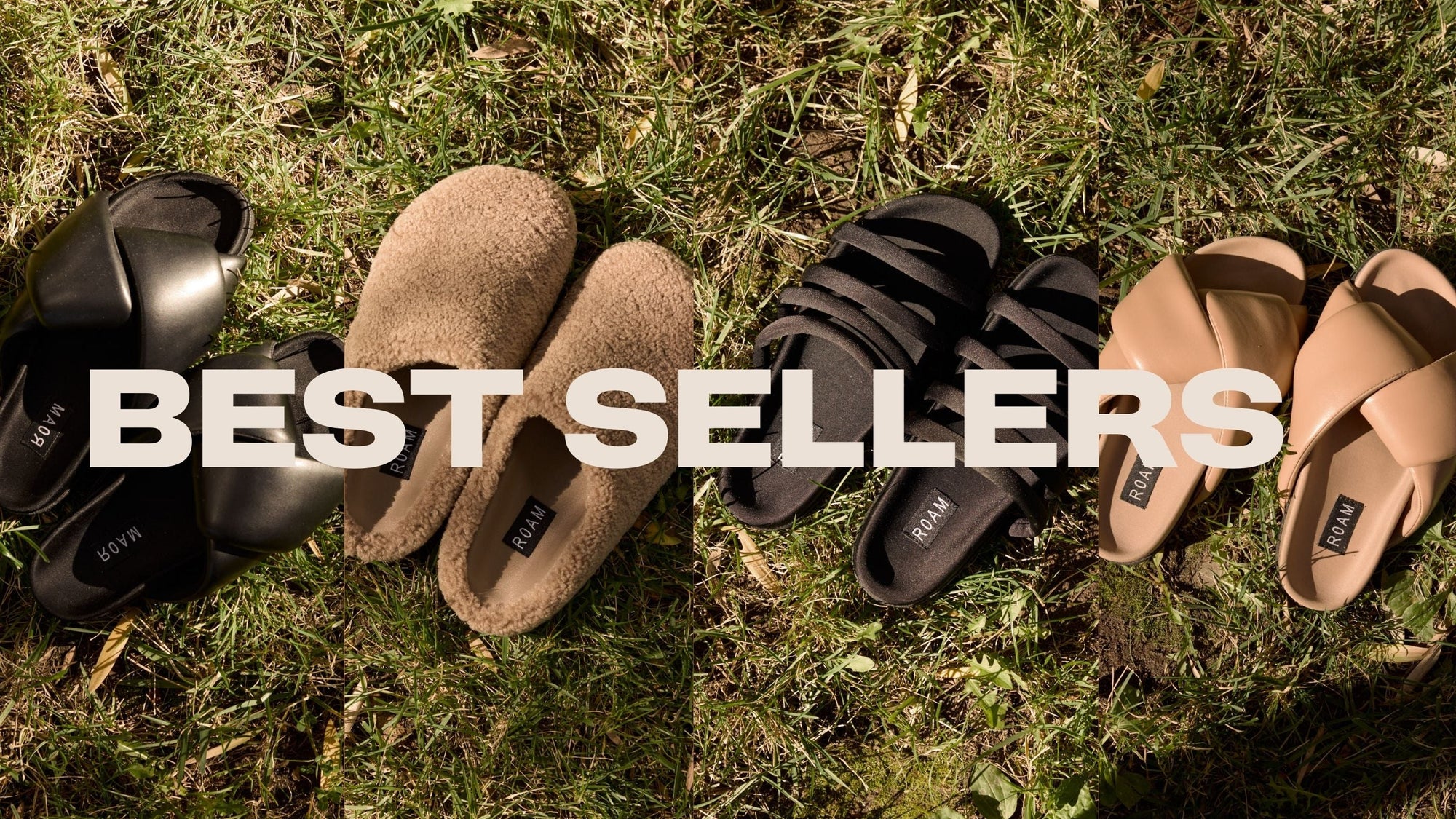Close-up studio photos of feet in shoes. Three photos of best selling styles: The Cloud, The Foldy, The Fuzzy Stack. The word “Best seller” is displayed in large text across the image.