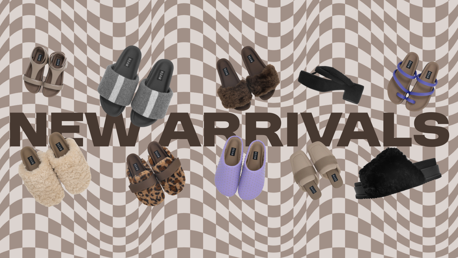 Product photos of shoes on a wavy check background. The words “ new arrivals displayed in large text across the image. 
