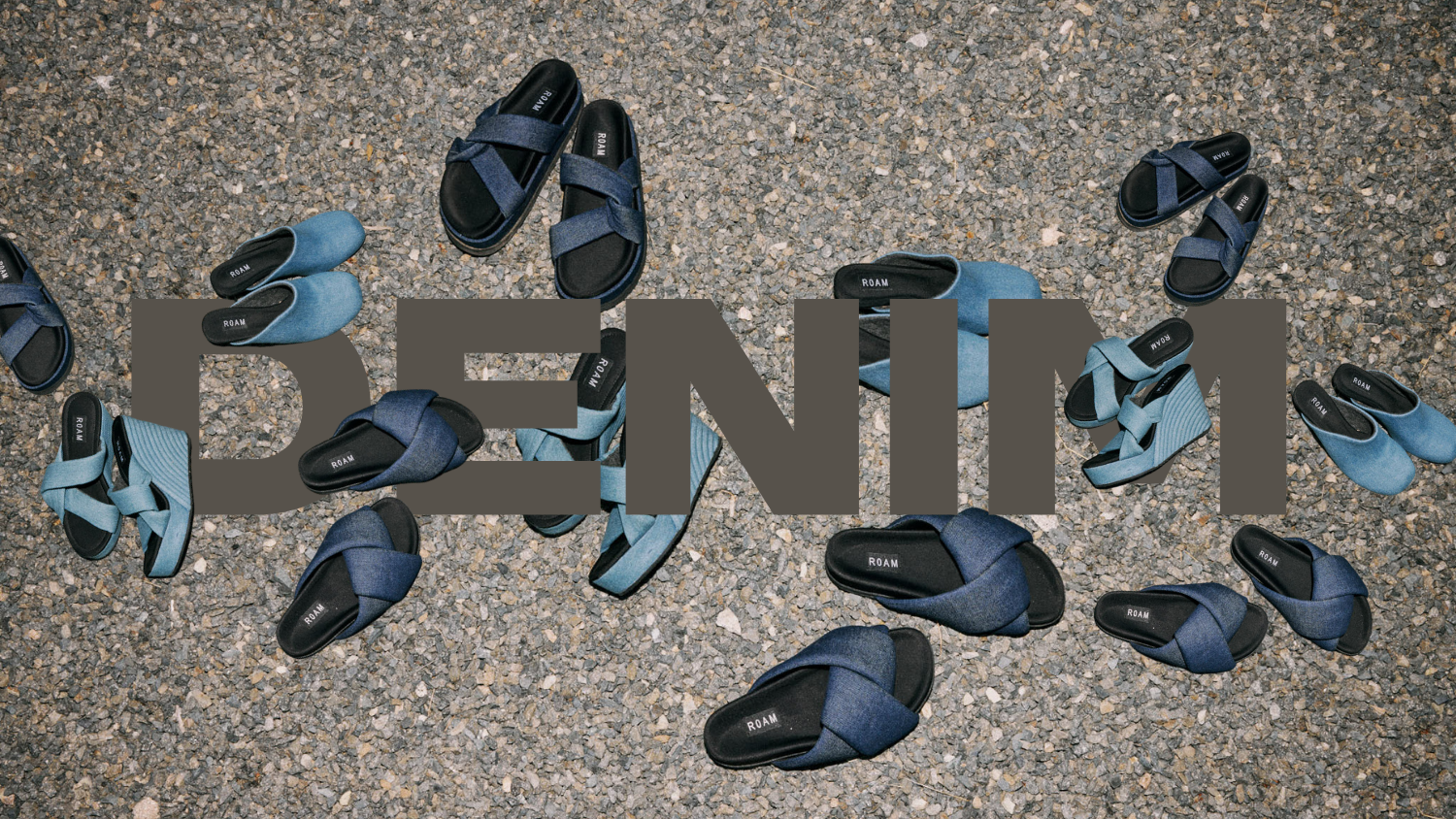 Dark and light Denim shoes, and heels on the pavement. The word ‘Denim’ is displayed in large text across the image.