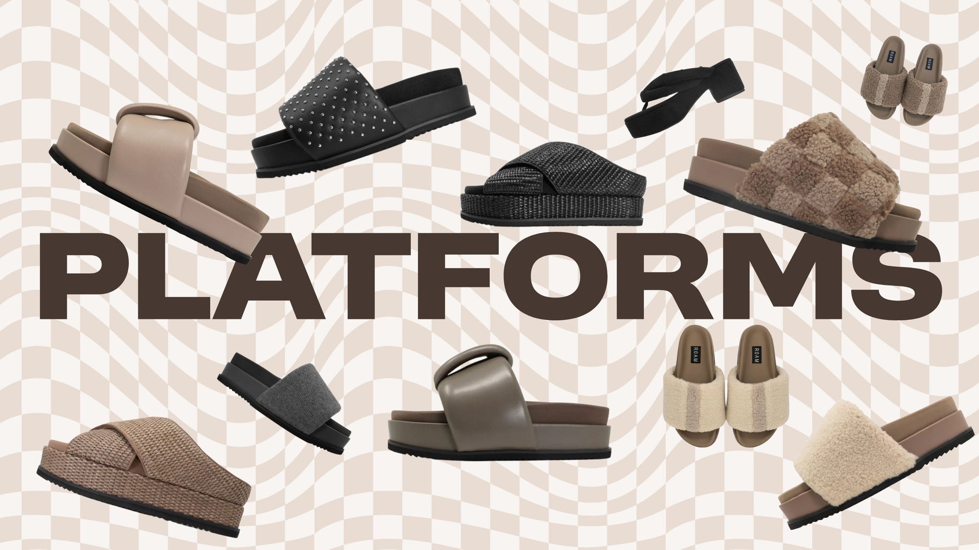 Product photos of platform shoes on a wavy check background. The words “ platforms” displayed in large text across the image. 