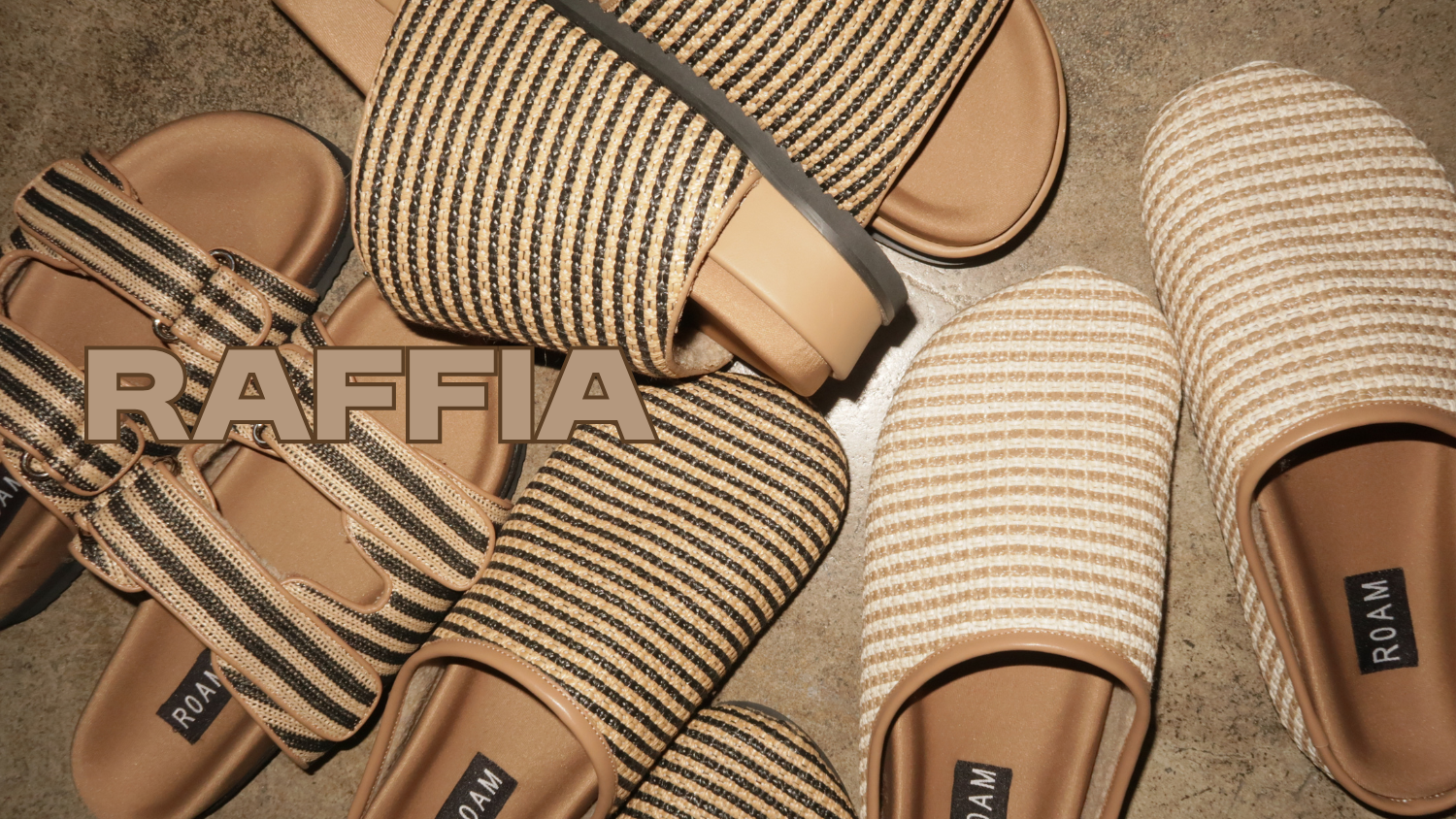 Girl sitting on wood bench, feet up wearing raffia wedges. greenery in the background . The word 'Raffia' is displayed in large text across the image.