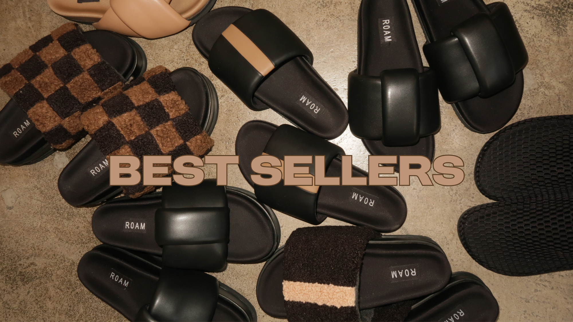 Close-up studio photos of feet in shoes. Three photos of best selling styles: The Cloud, The Foldy, The Fuzzy Stack. The word “Best seller” is displayed in large text across the image.