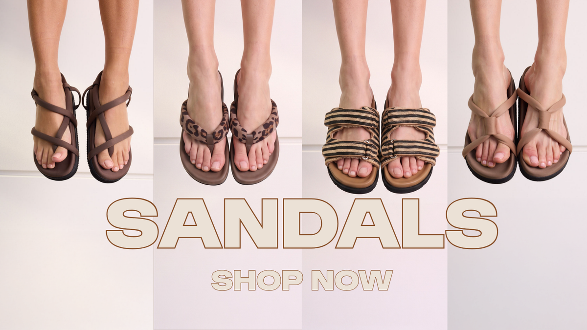 Collage of photos of scrappy shoes, feet wearing shoes, and product photos of shoes over-laid on top of each other. he word “sandals” is displayed in large text across the image.