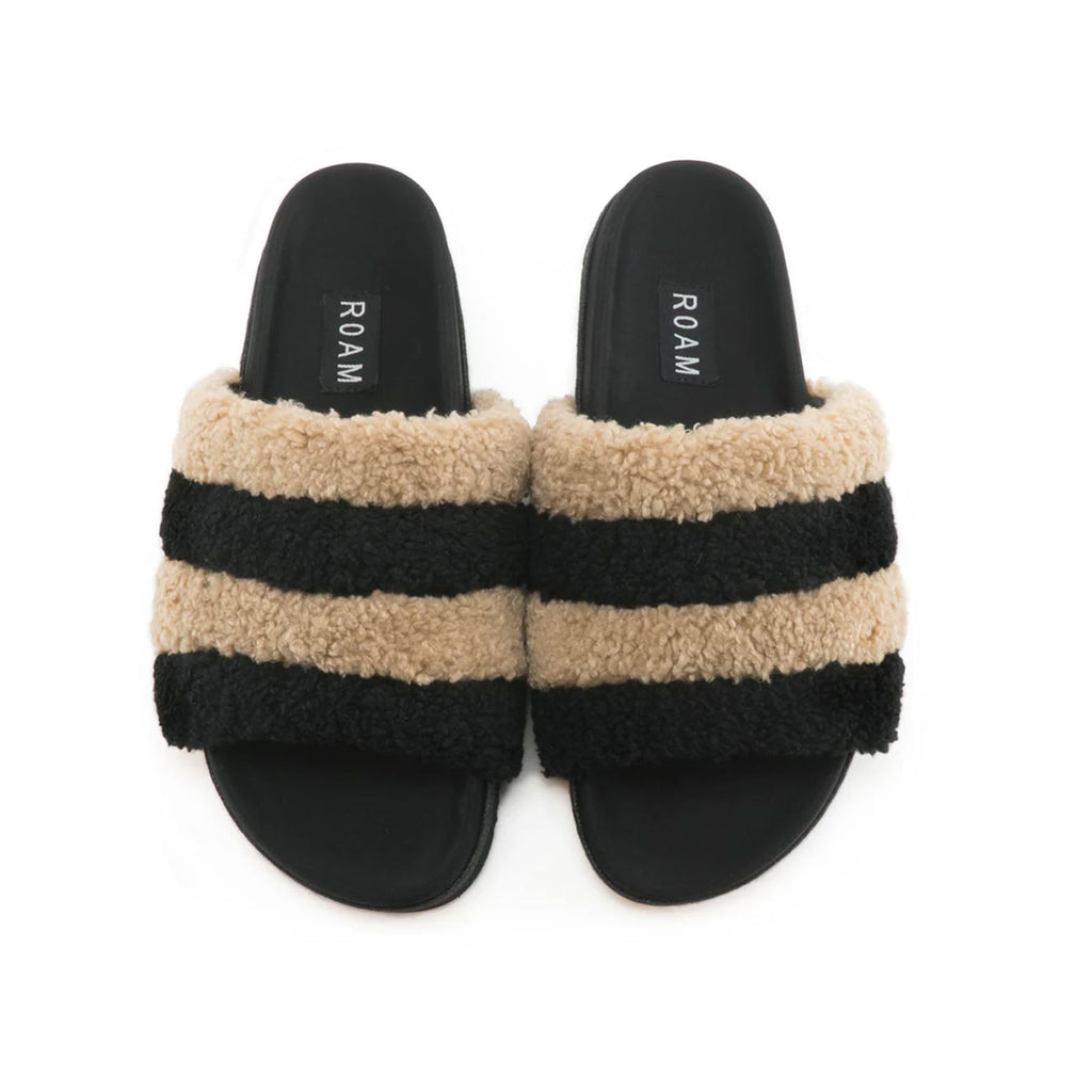 ROAM MEN'S FUZZY SLIDER SLIPPERS TAUPE FAUX SHEARLING – R0AM