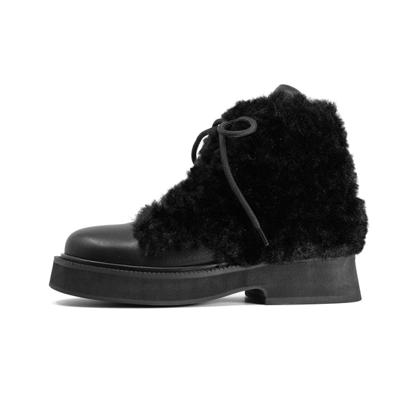 ROAM CLOUD MOTO LACE-UP BOOT BLACK VEGAN LEATHER & SHEARLING