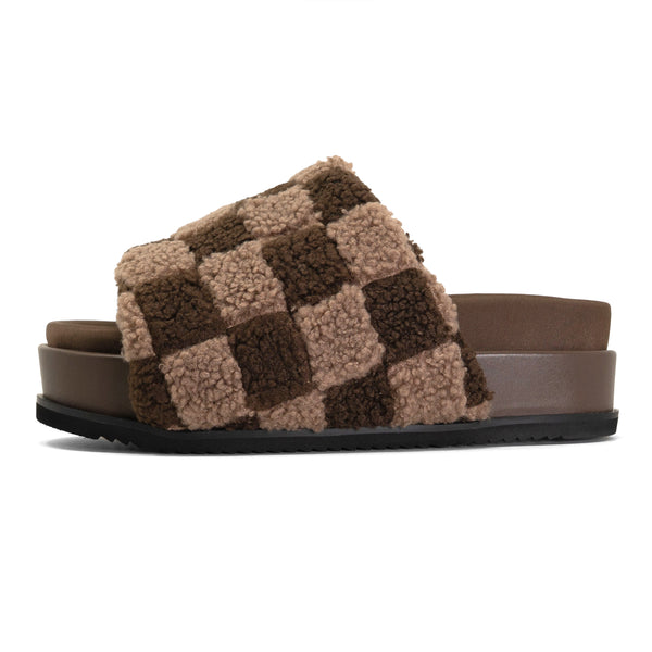 ROAM FUZZY CHECKER STACK CACAO & TAUPE FAUX SHEARLING