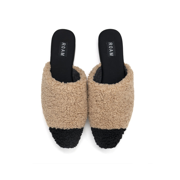 ROAM FUZZY CAP MULE BEIGE & BLACK FAUX SHEARLING