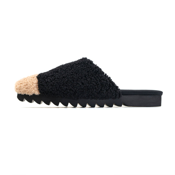 ROAM FUZZY CAP MULE BLACK & BEIGE FAUX SHEARLING