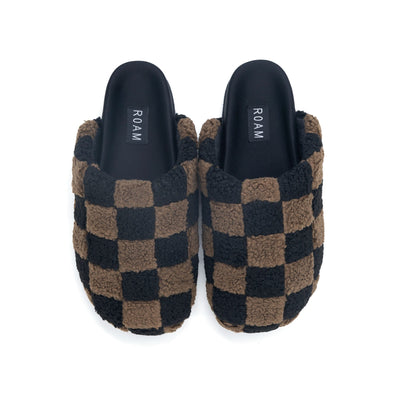 ROAM FUZZY CHECKER CLOG BLACK & TAUPE FAUX SHEARLING