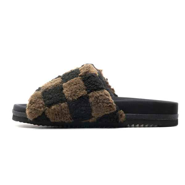 ROAM FUZZY CHECKER SLIDER BLACK & TAUPE FAUX SHEARLING