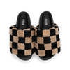 ROAM FUZZY CHECKER STACK PLATFORM BLACK & BEIGE FAUX SHEARLING – R0AM