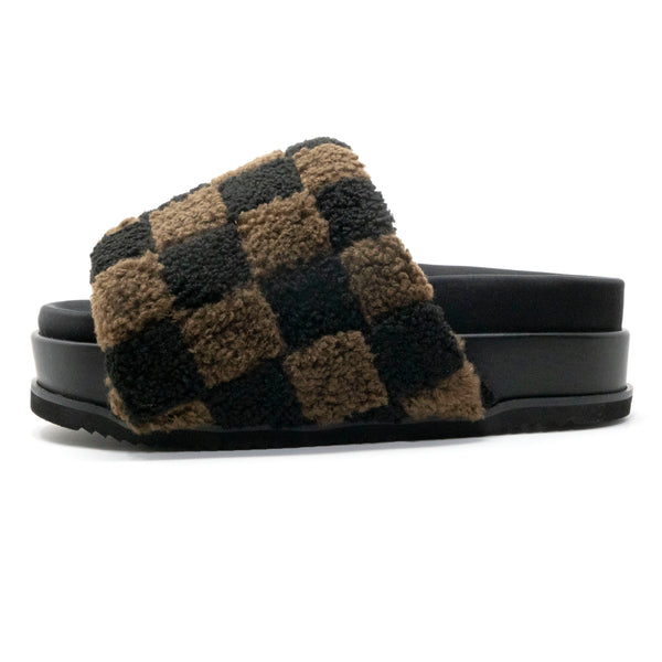 JUNE PRESALE // ROAM FUZZY CHECKER STACK PLATFORM BLACK & TAUPE FAUX SHEARLING