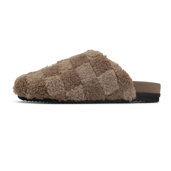 ROAM FUZZY CHECKER CLOG BEIGE & TAUPE FAUX SHEARLING