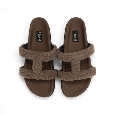 ROAM FUZZY CUFFS SANDAL TAUPE FAUX SHEARLING