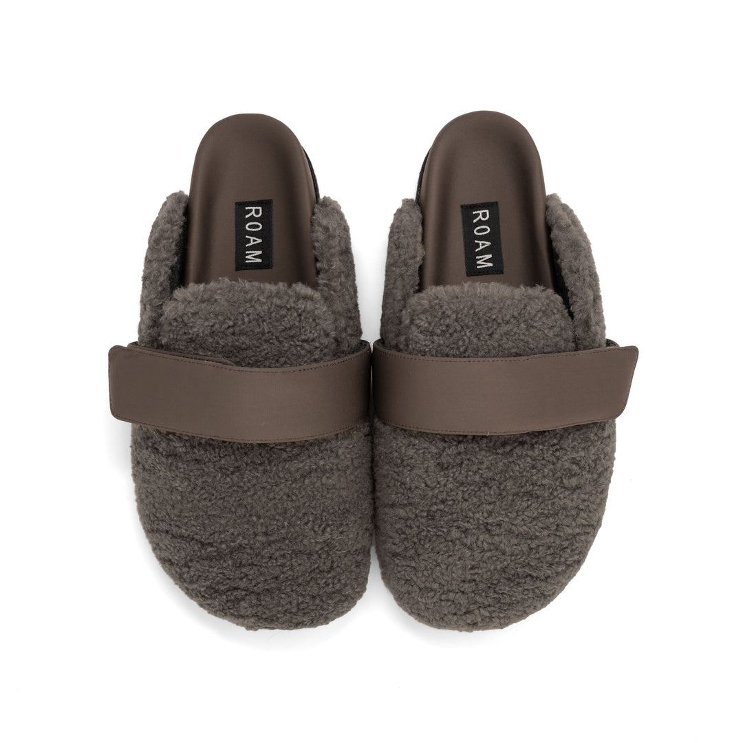 ROAM FUZZY LOAFER MULE TAUPE FAUX SHEARLING – R0AM