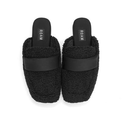 ROAM FUZZY PUFFY LOAF LOAFER MULE BLACK FAUX SHEARLING