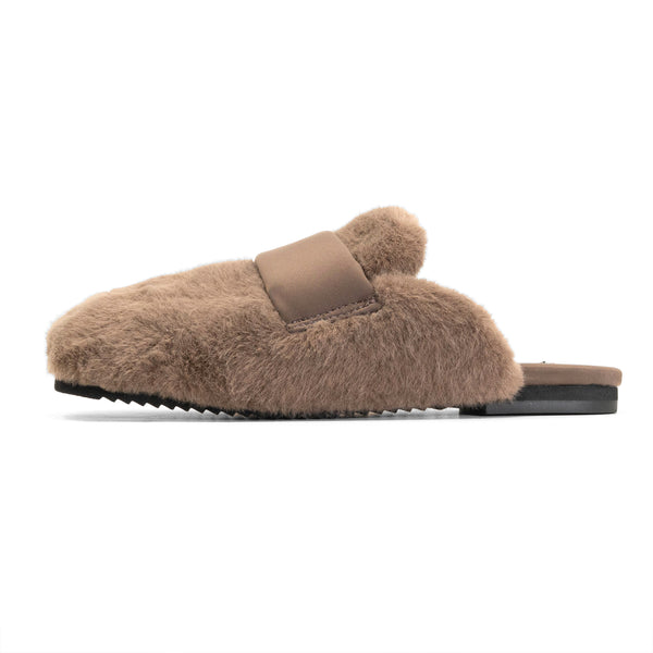 ROAM LONG LUXE PUFFY LOAF LOAFER MULE TAUPE FAUX FUR