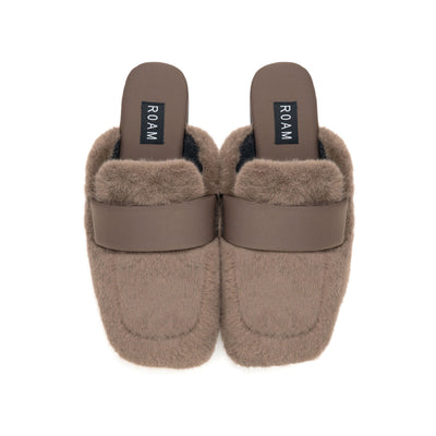 ROAM LONG LUXE PUFFY LOAF LOAFER MULE TAUPE FAUX FUR