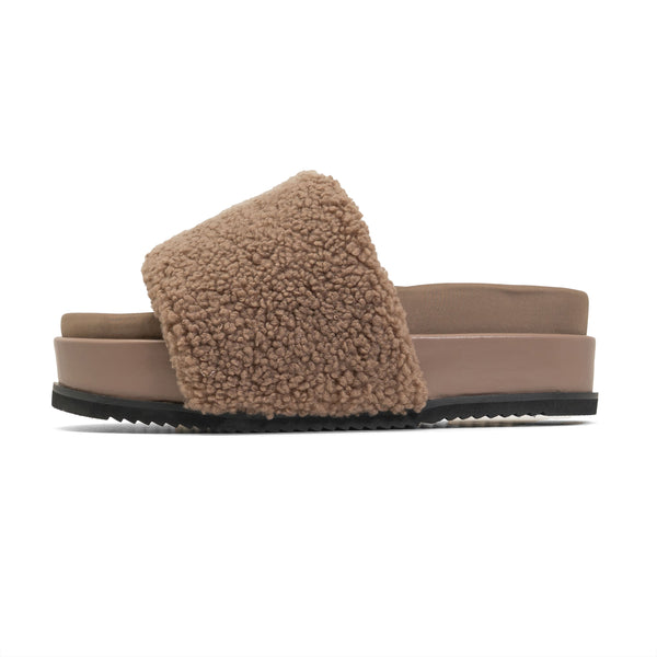 FUZZY STRIPE STACK PLATFORM TAUPE & BEIGE FAUX SHEARLING
