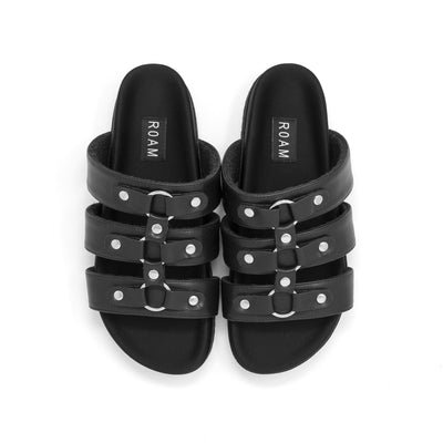 ROAM HARNESS SLIDE SANDAL BLACK VEGAN LEATHER