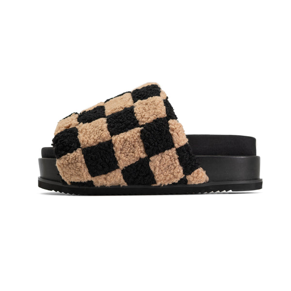 ROAM FUZZY CHECKER STACK PLATFORM  BLACK & BEIGE FAUX SHEARLING