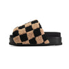 JUNE PRESALE // ROAM FUZZY CHECKER STACK PLATFORM  BLACK & BEIGE FAUX SHEARLING