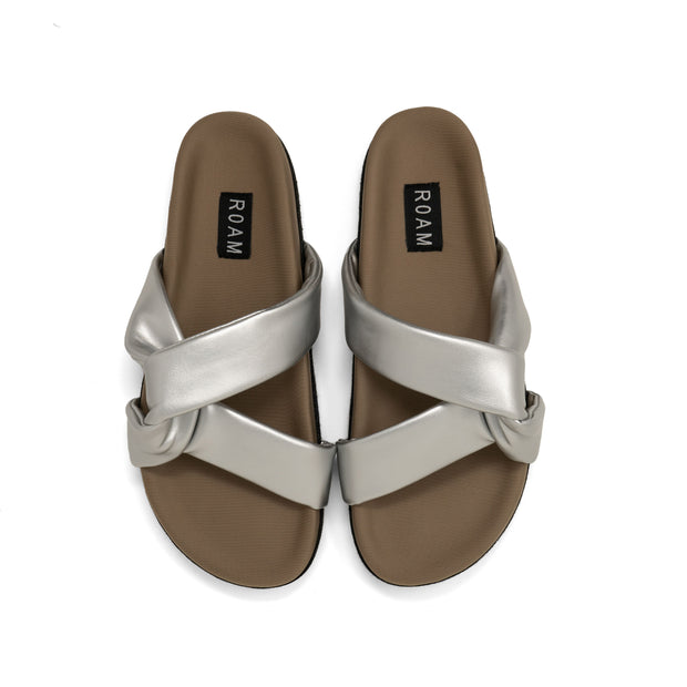 ROAM SIDE SLIP SANDAL SILVER VEGAN LEATHER