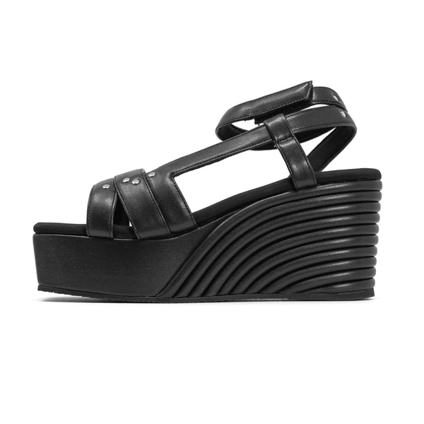 ROAM STRAPPY MID STRATA WEDGE BLACK VEGAN LEATHER