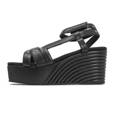 ROAM STRAPPY MID STRATA WEDGE BLACK VEGAN LEATHER