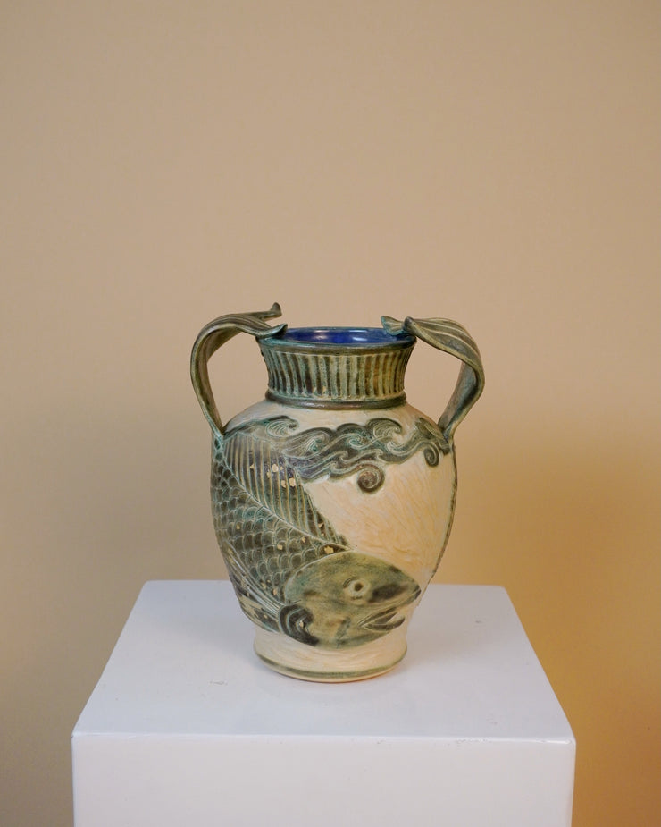 SOLD OUT | Rare Vintage Handmade Koi Fish Tail-Handled Ceramic Vessel