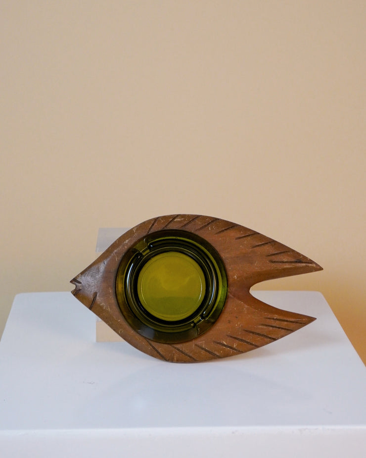 Vintage Wooden Fish with Green Glass Ashtray Insert