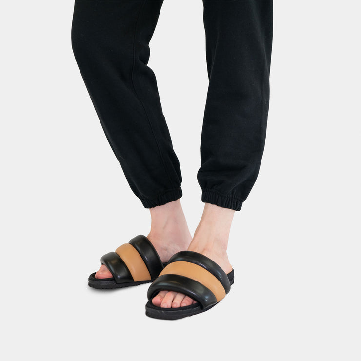ROAM Puffy Sandals Black & Tan Vegan Leather