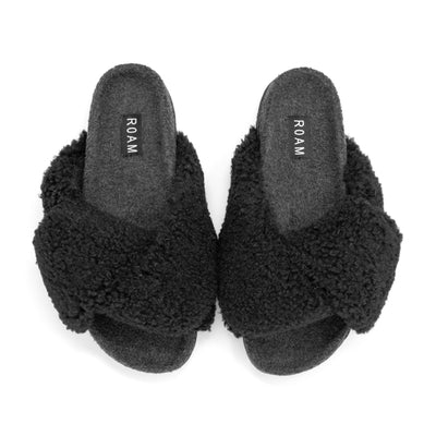 ROAM FOLDY CUSH BLACK FAUX SHEARLING SLIPPERS