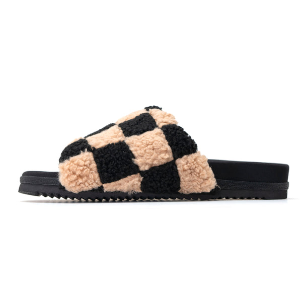 JUNE PRESALE // ROAM FUZZY CHECKER SLIDERS BLACK & BEIGE FAUX SHEARLING