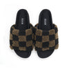 ROAM FUZZY CHECKER SLIDER BLACK & TAUPE FAUX SHEARLING