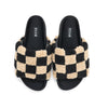 ROAM FUZZY CHECKER SLIDERS BLACK & BEIGE FAUX SHEARLING