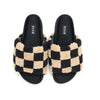 JUNE PRESALE // ROAM FUZZY CHECKER SLIDERS BLACK & BEIGE FAUX SHEARLING