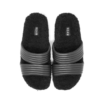 ROAM MEN'S FUZZY CRESCENT SANDALS BLACK VEGAN LEATHER