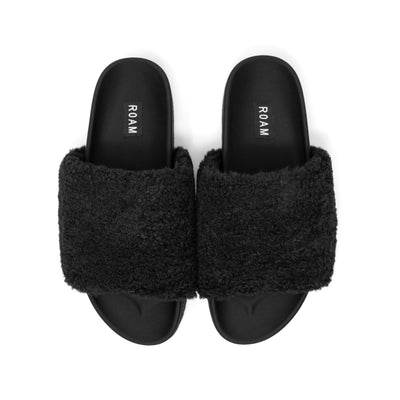 ROAM MEN'S FUZZY SLIDER SLIPPERS BLACK FAUX SHEARLING