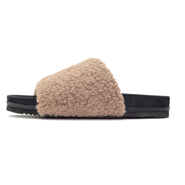 ROAM MEN'S FUZZY SLIDER SLIPPERS TAUPE FAUX SHEARLING