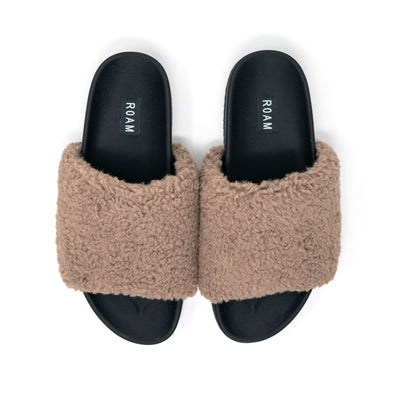 ROAM MEN'S FUZZY SLIDER SLIPPERS TAUPE FAUX SHEARLING