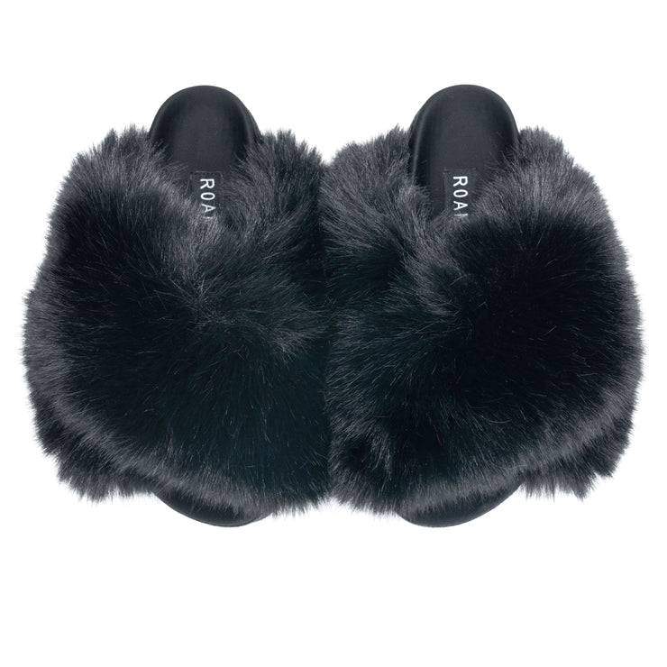 Glamour Puss jewel bow embellished Faux Fur Slippers in Black – Filli London